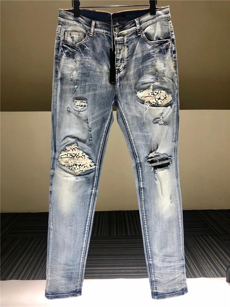 AM Luxury Brand Mens Jeans Fashion Casual Skinny Ripped Denim Pants Streetwear Bone Print Patchwork Jeans High Quali